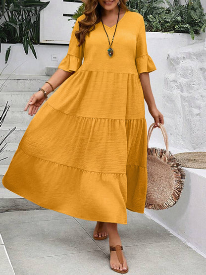 Casual Dresses - V-neck Stitching Multicolor Long Large Hem Plus Size Dress