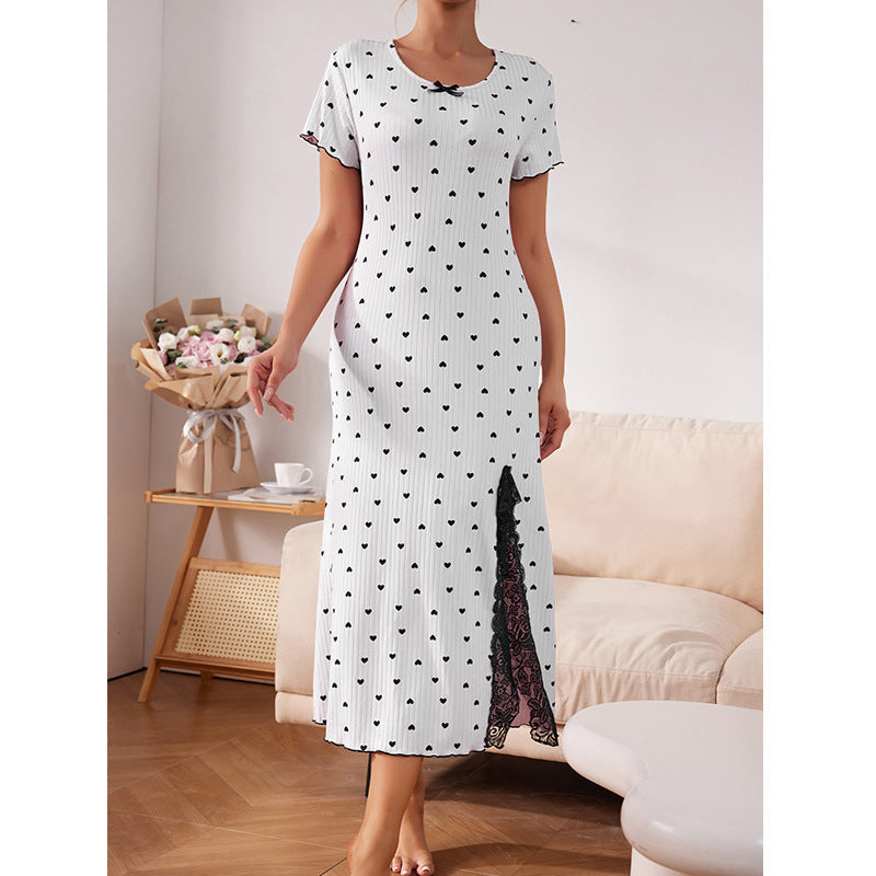 Pajamas - Round Neck Short Sleeve Love Plus Size Slit Mid-length Dress