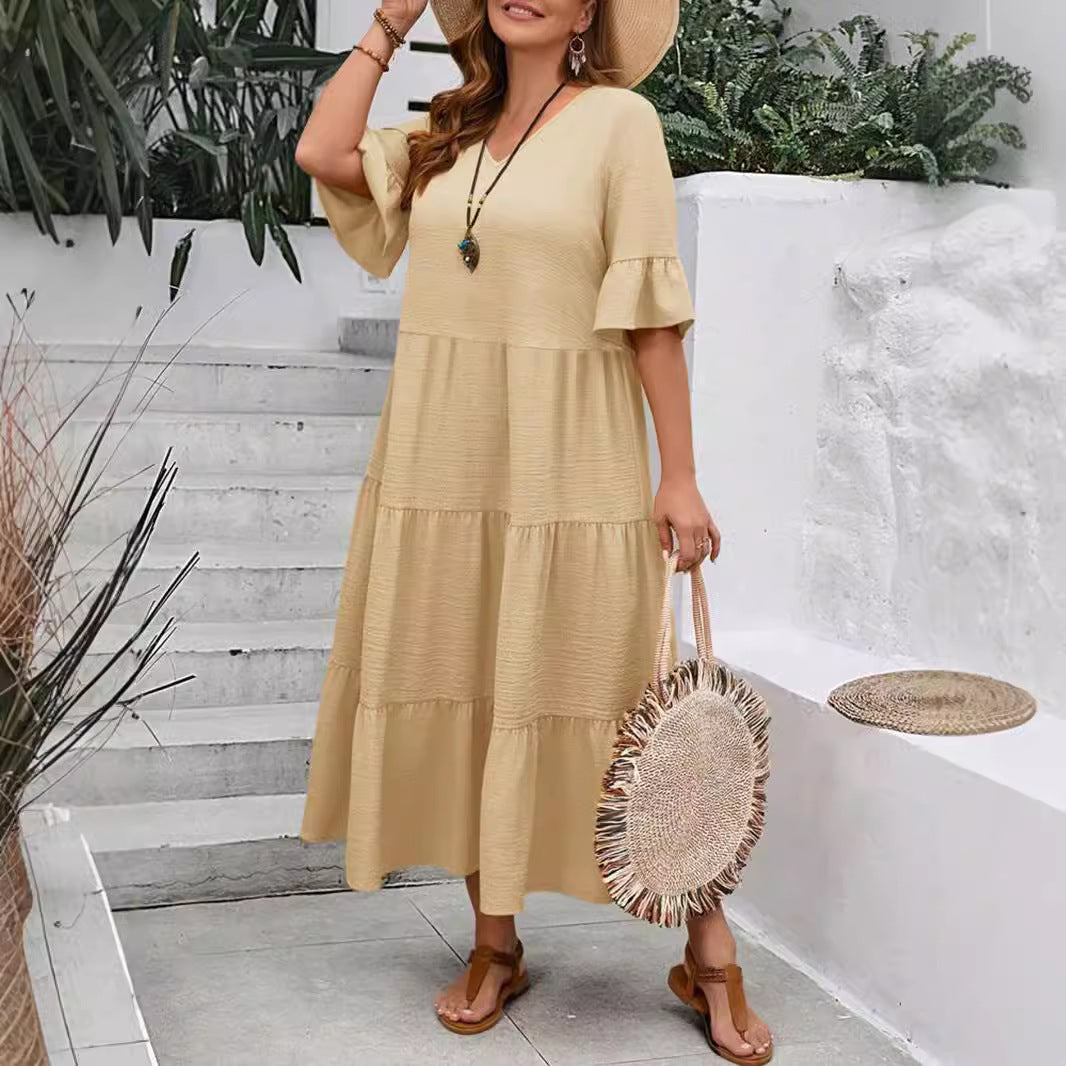 Casual Dresses - V-neck Stitching Multicolor Long Large Hem Plus Size Dress