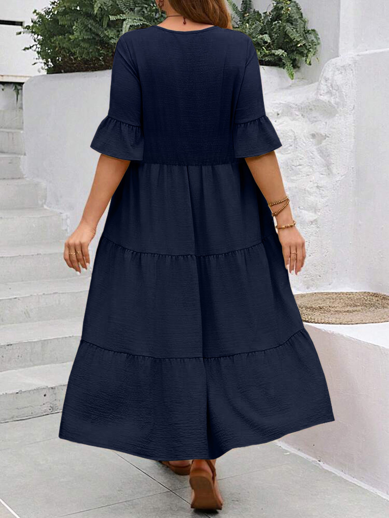 Casual Dresses - V-neck Stitching Multicolor Long Large Hem Plus Size Dress