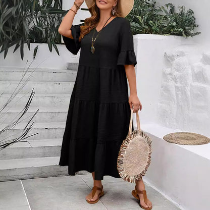 Casual Dresses - V-neck Stitching Multicolor Long Large Hem Plus Size Dress