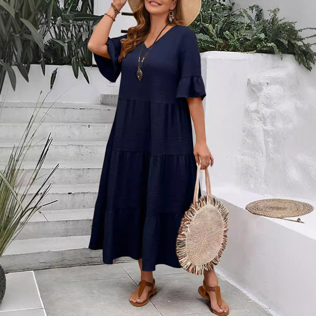 Casual Dresses - V-neck Stitching Multicolor Long Large Hem Plus Size Dress