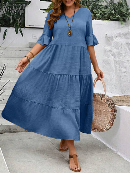 Casual Dresses - V-neck Stitching Multicolor Long Large Hem Plus Size Dress