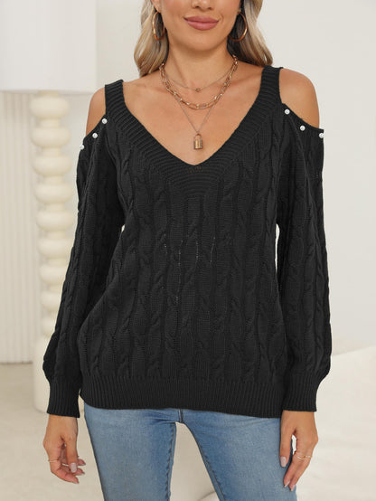 Sweaters - Woven Bottoming Shirt Deep V Off-the-shoulder Pullover Loose Sweater