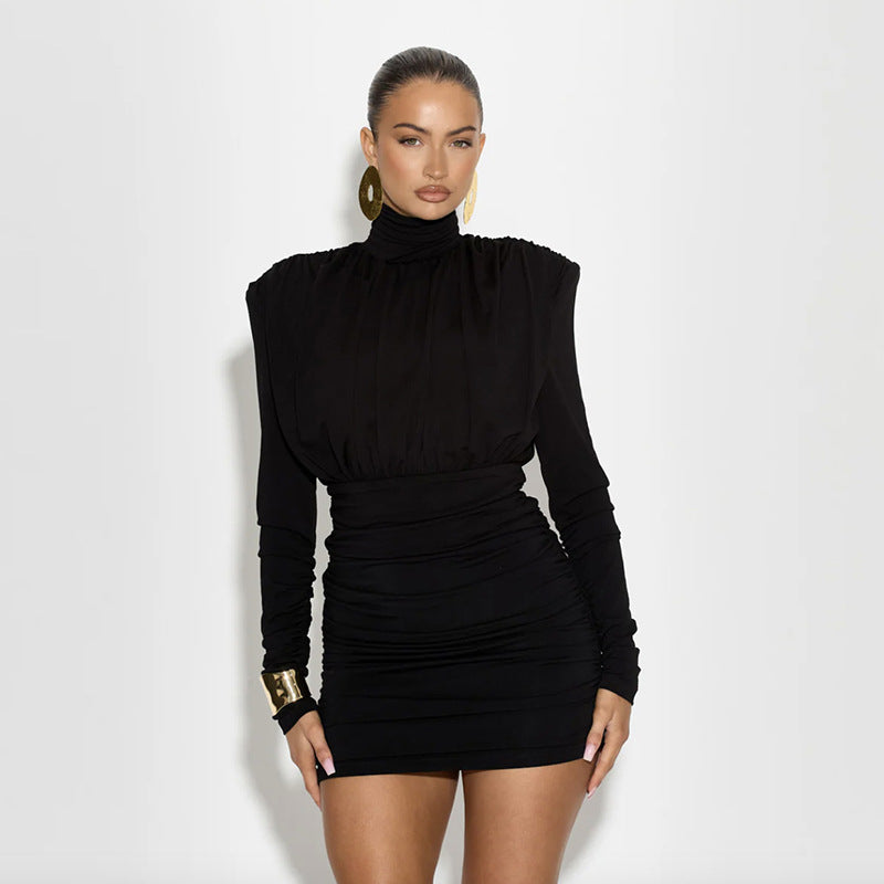 Bodycon Dresses - Temperament High Collar Pleated Waist Tight Sheath Dress