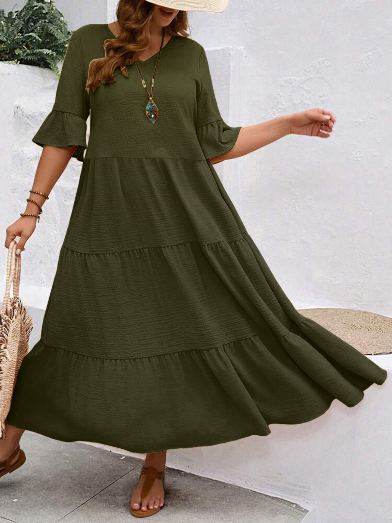 Casual Dresses - V-neck Stitching Multicolor Long Large Hem Plus Size Dress