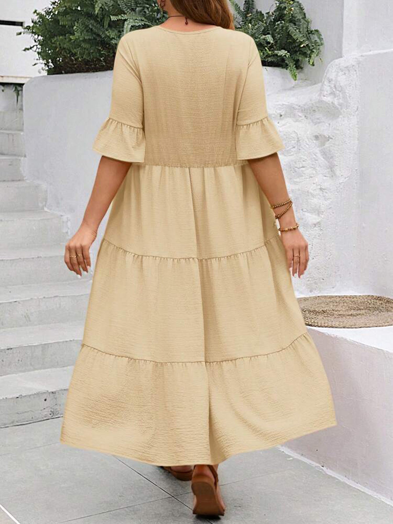 Casual Dresses - V-neck Stitching Multicolor Long Large Hem Plus Size Dress