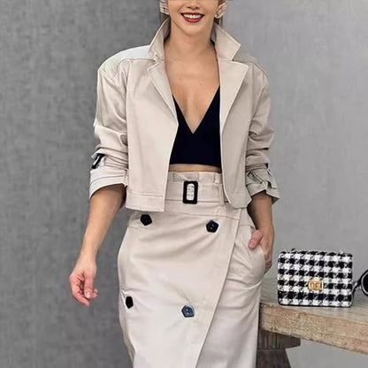 Skirt Set - Women's Suit Lapel Patchwork Coat Skirt Two-piece Set Including Belt
