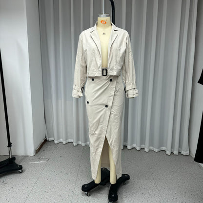 Women's Suit Lapel Patchwork Coat Skirt Two-piece Set Including Belt