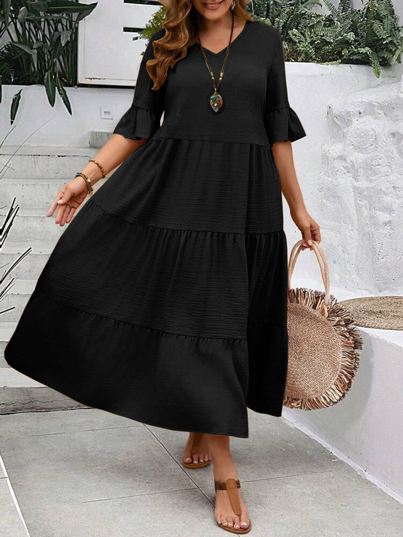 Casual Dresses - V-neck Stitching Multicolor Long Large Hem Plus Size Dress