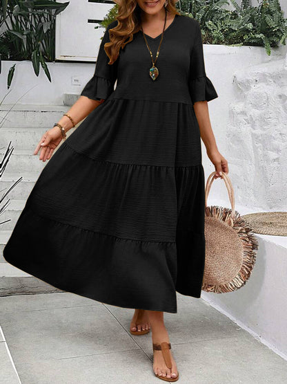 Casual Dresses - V-neck Stitching Multicolor Long Large Hem Plus Size Dress