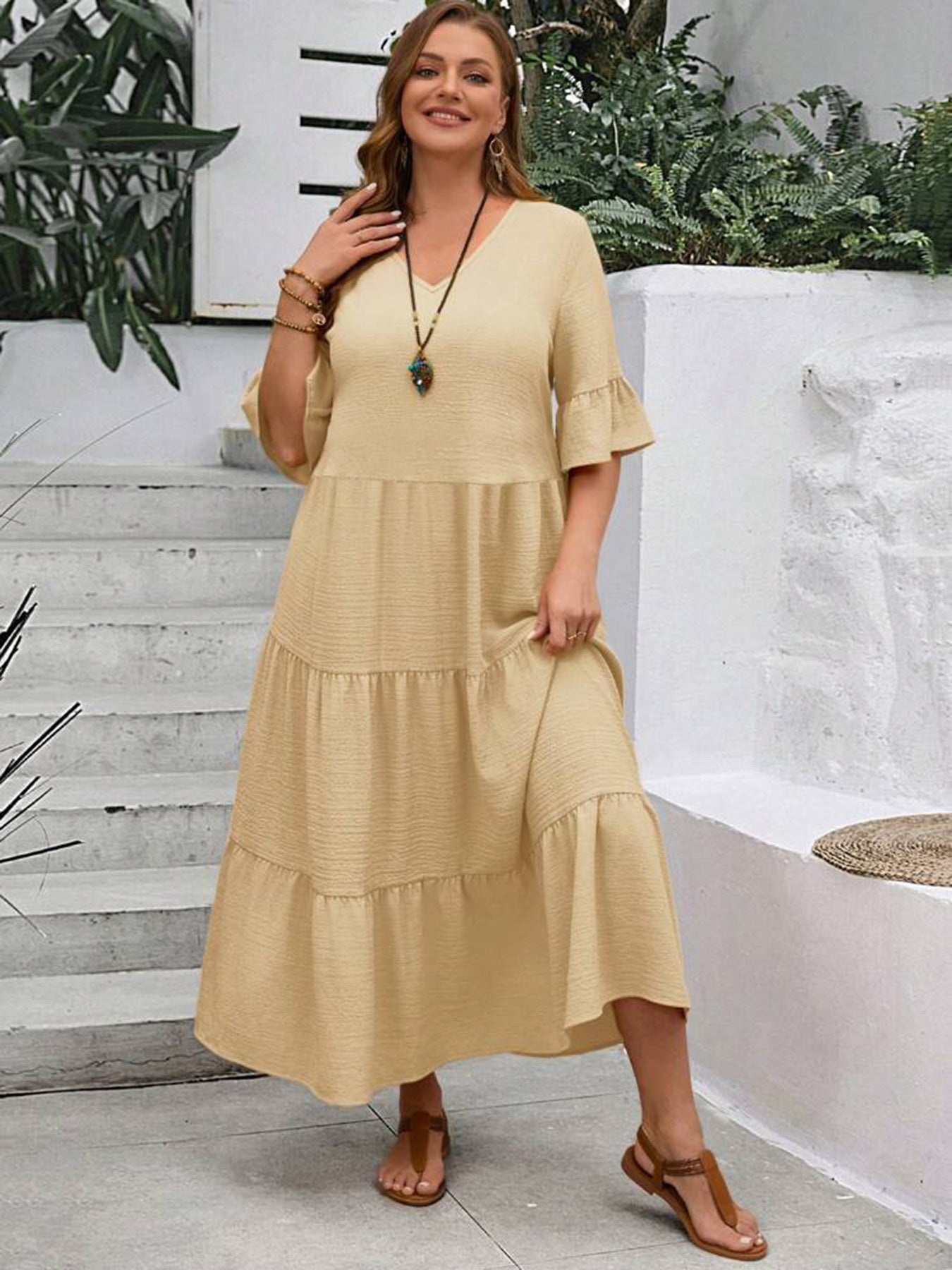 Casual Dresses - V-neck Stitching Multicolor Long Large Hem Plus Size Dress
