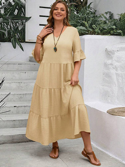 Casual Dresses - V-neck Stitching Multicolor Long Large Hem Plus Size Dress