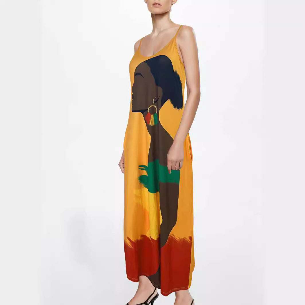 A-Line Dresses - V-neck Strap Long Digital Printing Ladies Dress