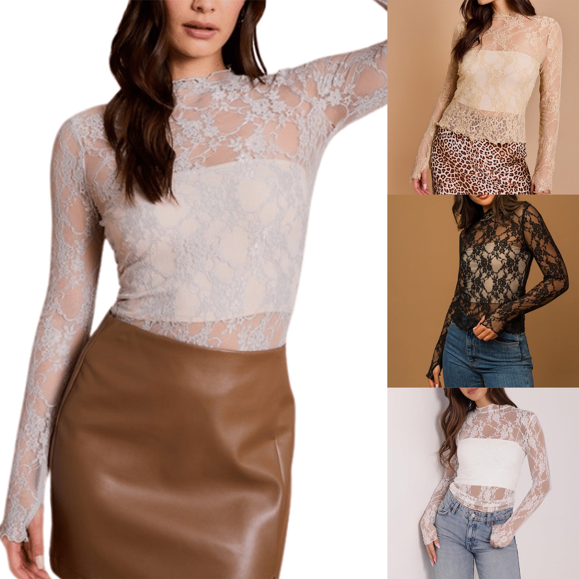Blouses - Sheer Mesh Sexy Pure Lace Slim-fit Base T-shirt