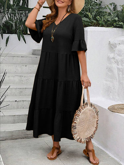 Casual Dresses - V-neck Stitching Multicolor Long Large Hem Plus Size Dress