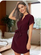 Belted Dresses - Women's Fashion Bowknot Short Sleeve Dress