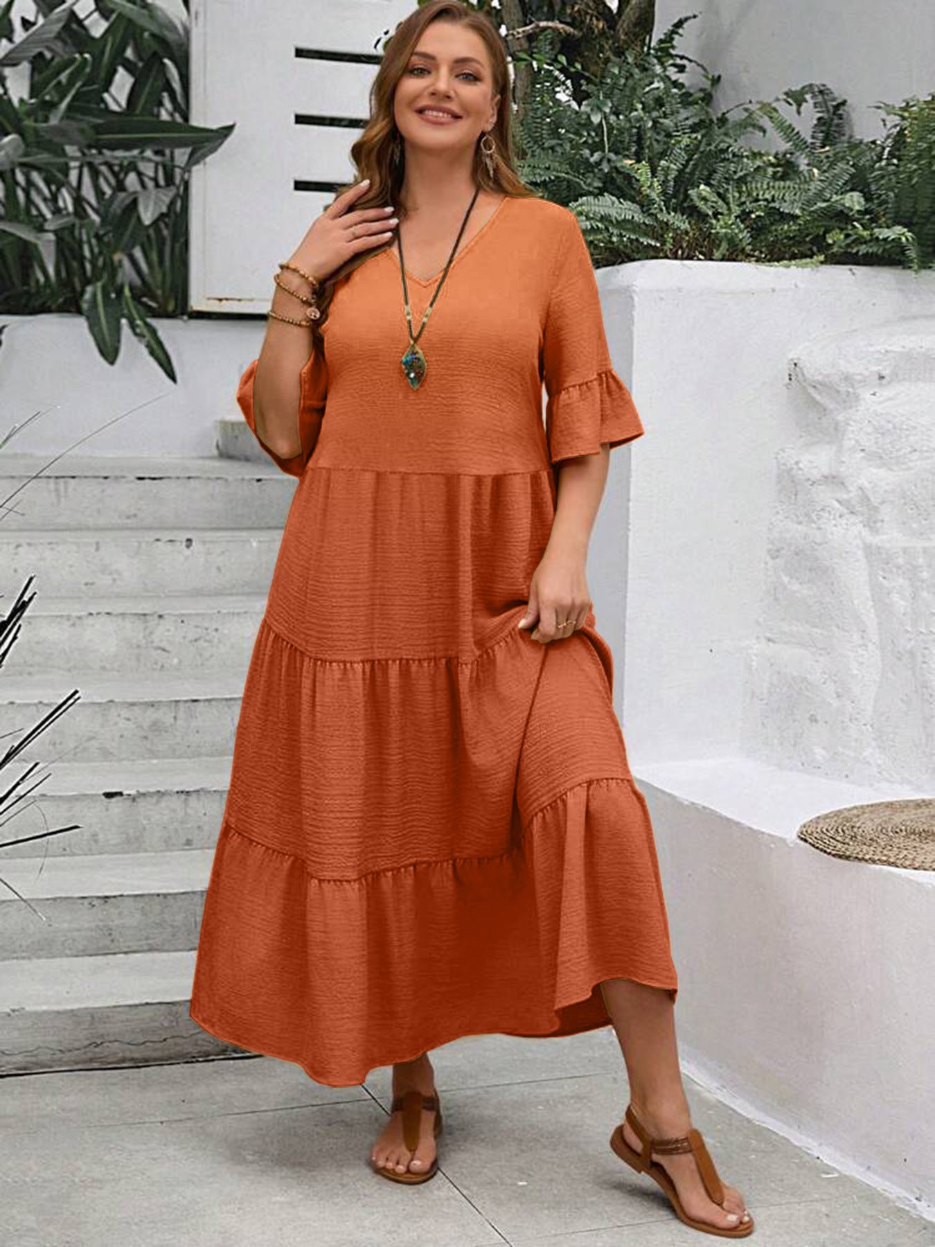 Casual Dresses - V-neck Stitching Multicolor Long Large Hem Plus Size Dress