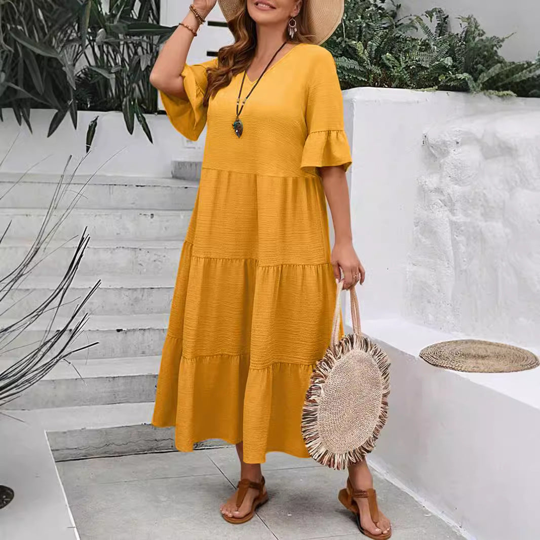 Casual Dresses - V-neck Stitching Multicolor Long Large Hem Plus Size Dress