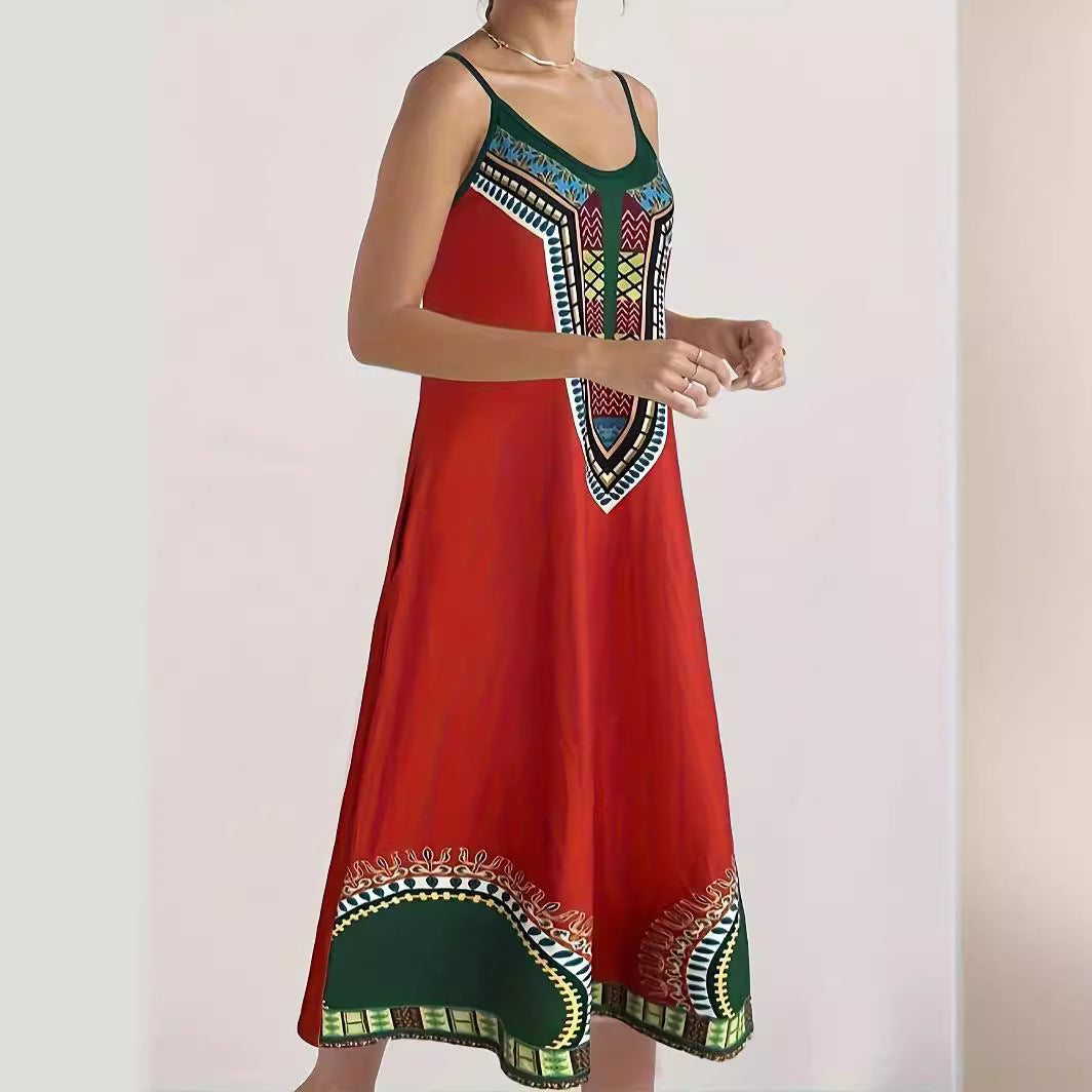 A-Line Dresses - V-neck Strap Long Digital Printing Ladies Dress