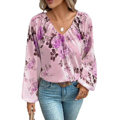 Blouses - Women's Pullover V-neck Long-sleeved Chiffon Shirt European And American Top