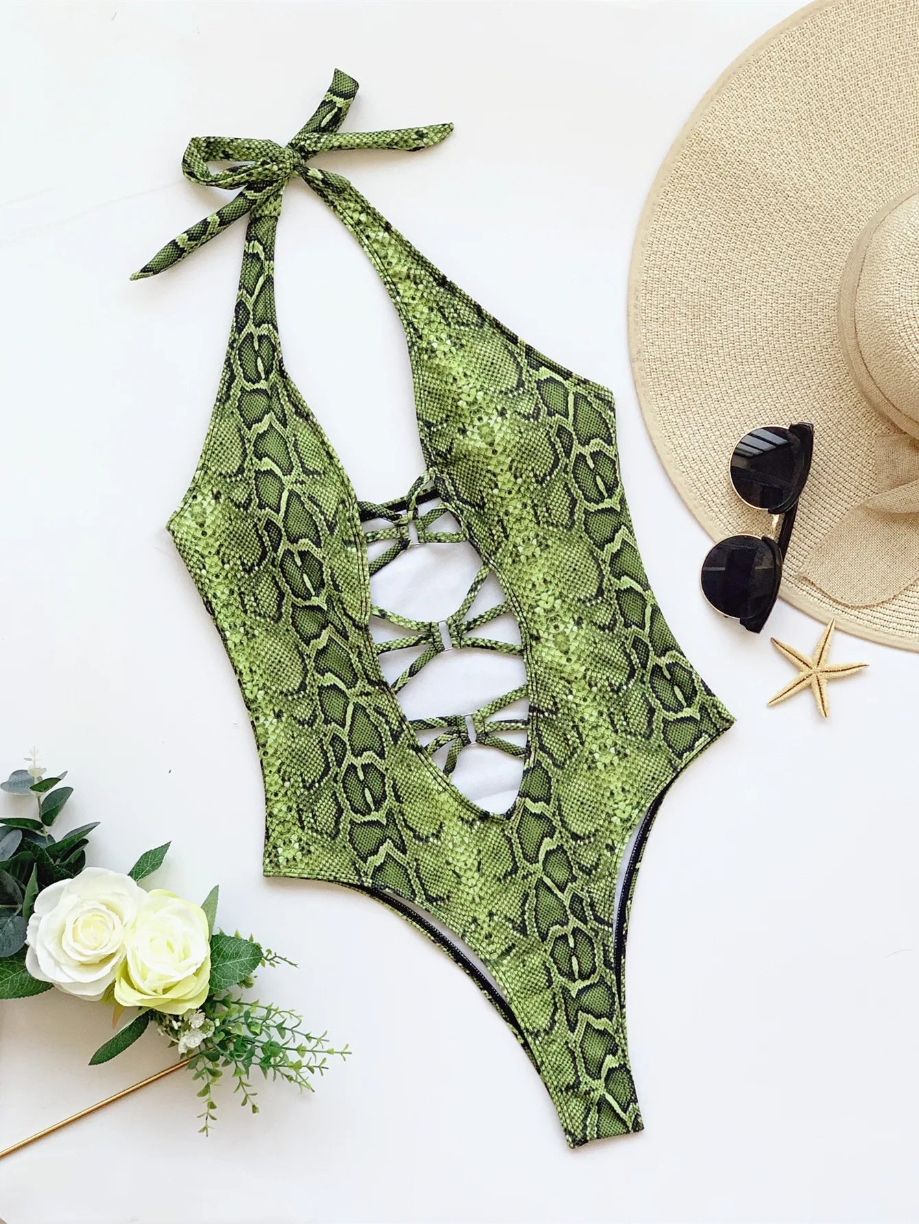 One Piece Swimsuit - Plunge Neck One Piece Halter Swimsuit for Tropical Vacations