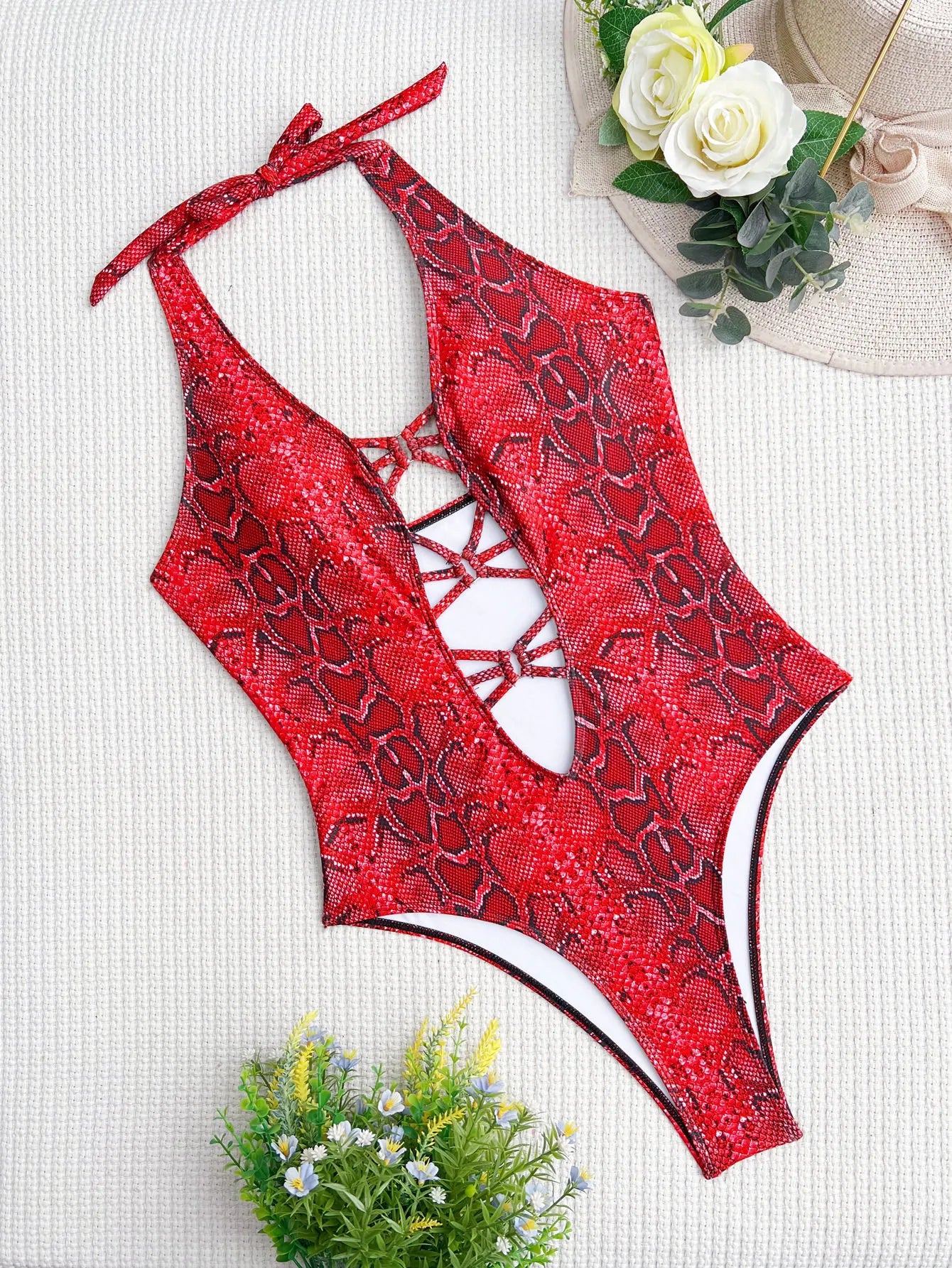 One Piece Swimsuit - Plunge Neck One Piece Halter Swimsuit for Tropical Vacations