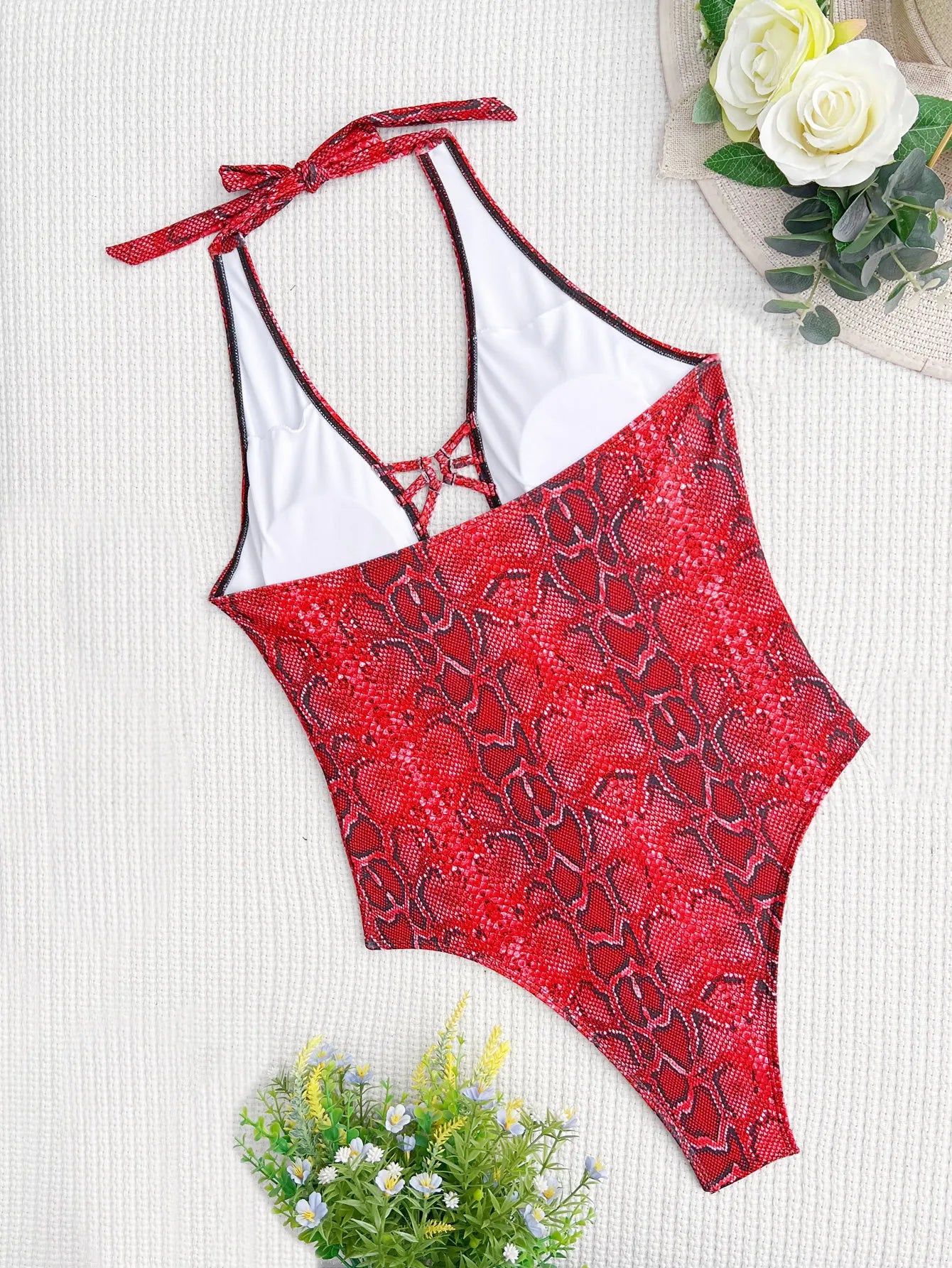 One Piece Swimsuit - Plunge Neck One Piece Halter Swimsuit for Tropical Vacations