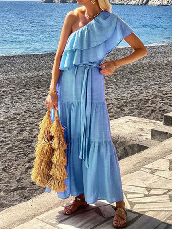 One Shoulder Dresses - Casual Vacation Blue Maxi Dress | One-Shoulder Ruffle