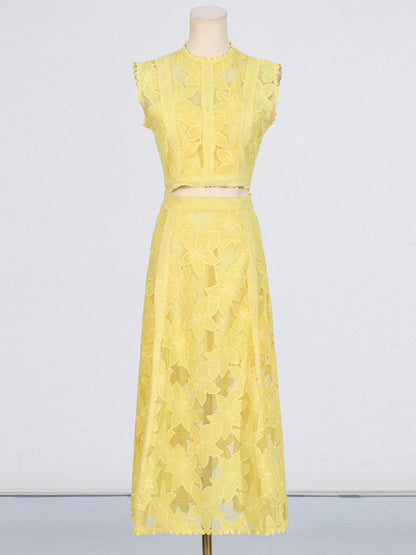 Outfits Sets - Romantic Lace Crop Top and A-Line Midi Skirt Set