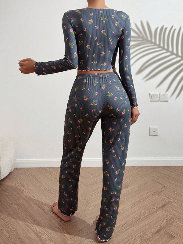 Pajamas - Women Floral Pajama Set with Contrast Piping - Loungewear