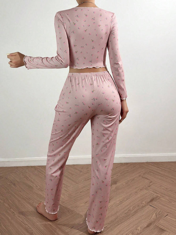 Pajamas - Women Floral Pajama Set with Contrast Piping - Loungewear