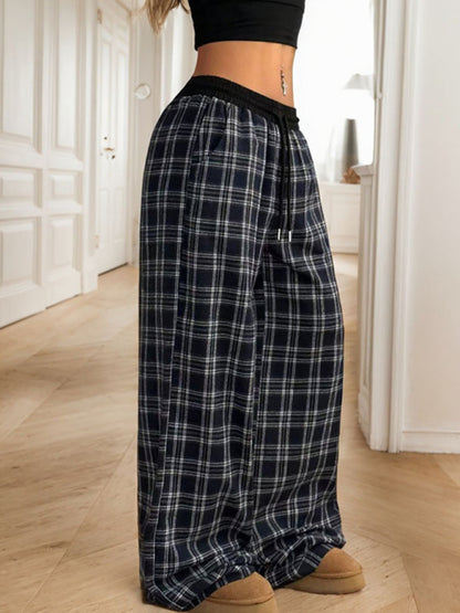 Pants - Casual Lounge Wide-Leg Pants in Plaid for Women
