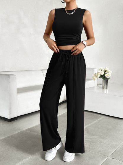 Pants Set- Women Two-Piece Pants & Crop Top Set - Transition from Day to Night- Black- Pekosa Women Fashion