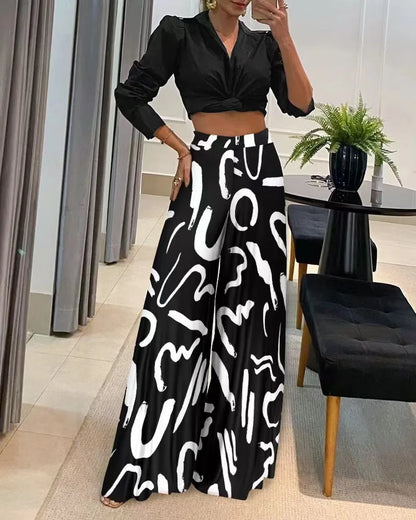 Pants- Women Elegant Printed Palazzo Trousers- Black- Pekosa Women Fashion