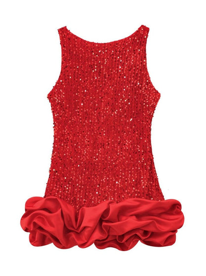Party Dresses - Elegant Sparkle Mini Dress with Satin Flounce Hem