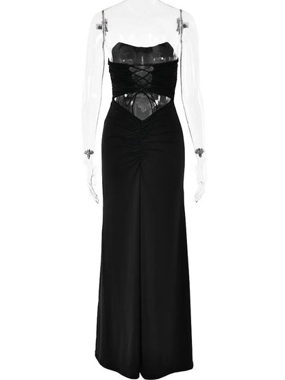 Party Dresses- Peachy Elegance Women's Strapless Maxi Dress with Lace-Up Back- Black- Pekosa Women Fashion