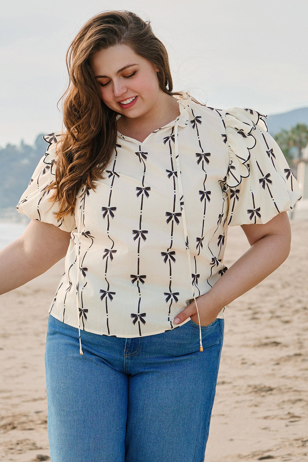 Plus Size Blouses & Shirts - Women's Casual Bow Print Blouse with Ruffle Accents