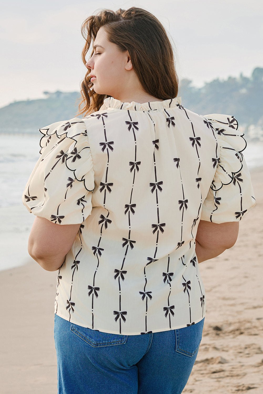 Plus Size Blouses & Shirts - Women's Casual Bow Print Blouse with Ruffle Accents