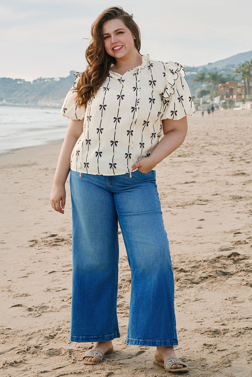 Plus Size Blouses & Shirts - Women's Casual Bow Print Blouse with Ruffle Accents