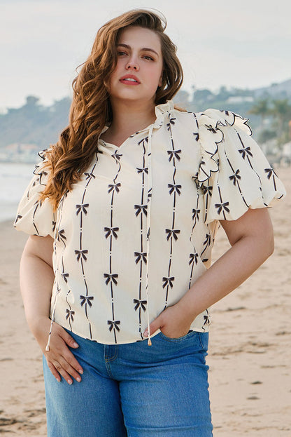 Plus Size Blouses & Shirts - Women's Casual Bow Print Blouse with Ruffle Accents