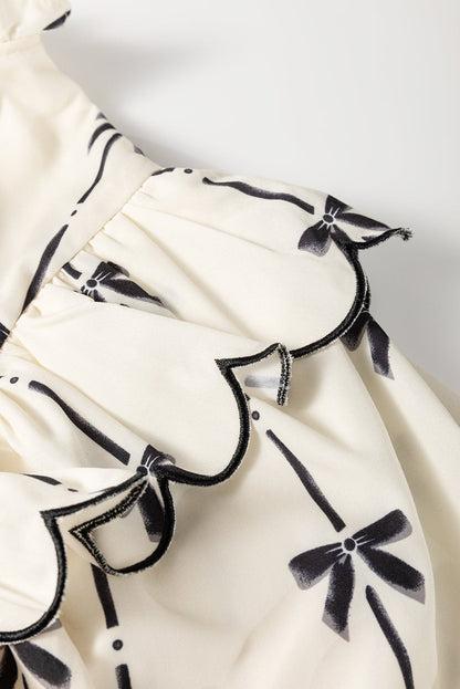 Plus Size Blouses & Shirts - Women's Casual Bow Print Blouse with Ruffle Accents