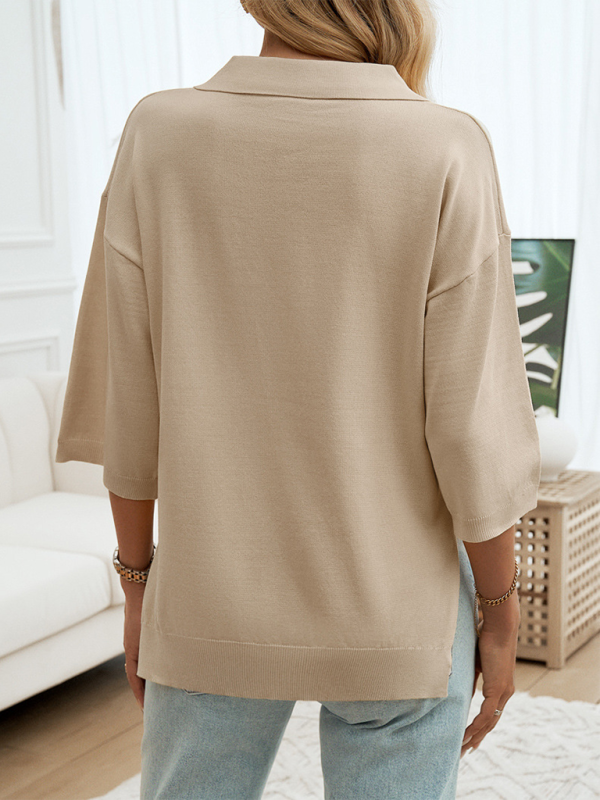 Polos- Oversized Solid Color Polo Neck Knit Top