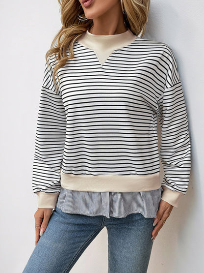 Pullovers - Striped Mock Neck Top Pullover with Layered Hem
