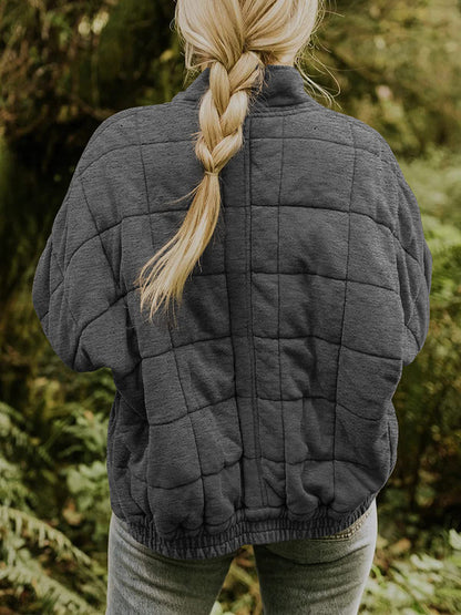 Quilted Jackets- Solid Cotton Blend High Neck Zip-Up Quilted Jacket- - Pekosa Women Clothing