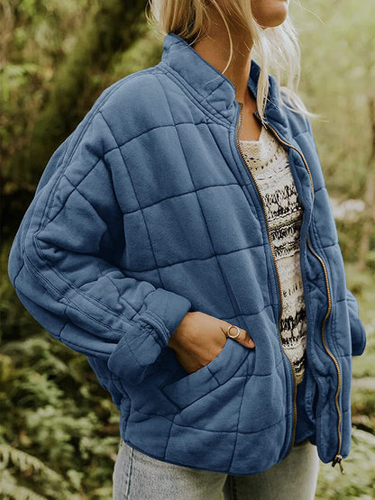 Quilted Jackets- Solid Cotton Blend High Neck Zip-Up Quilted Jacket- - Pekosa Women Clothing