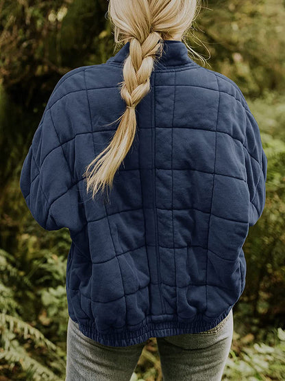 Quilted Jackets- Solid Cotton Blend High Neck Zip-Up Quilted Jacket- - Pekosa Women Clothing