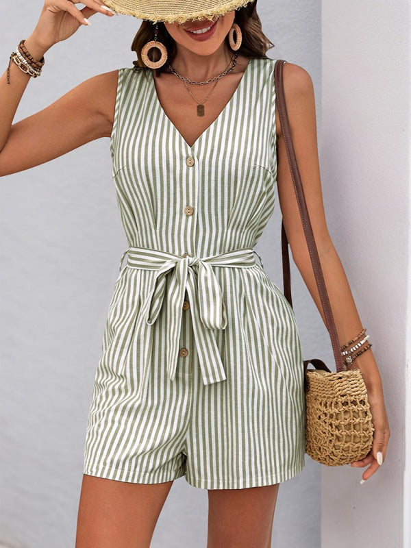 Rompers - Trendy Striped Playsuit with Pockets - Buttoned Romper