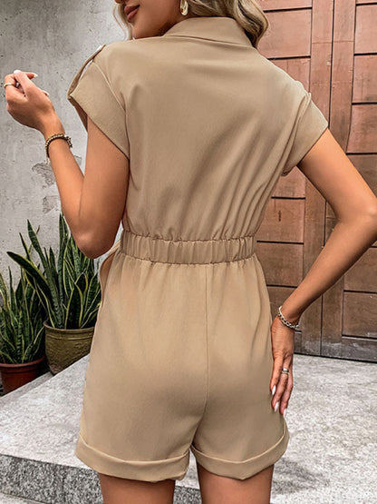 Women's Short-Length Flap Romper with Belt - Solid Utility Playsuit