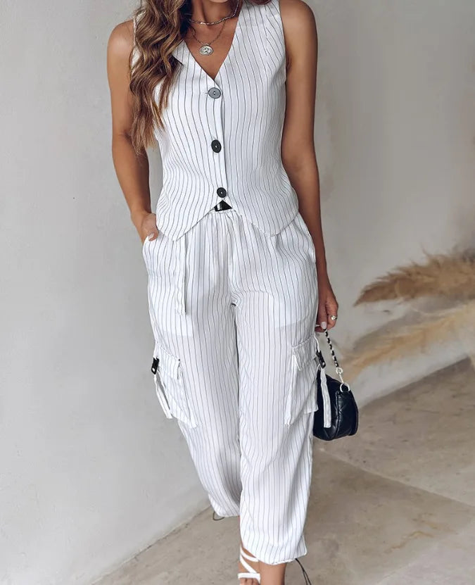 Pants Set - White Striped Vest Suit For Women Summer Casual V-neck Button Top Pocket Loose Pants Outfits Two-piece Suit For Women Elegant